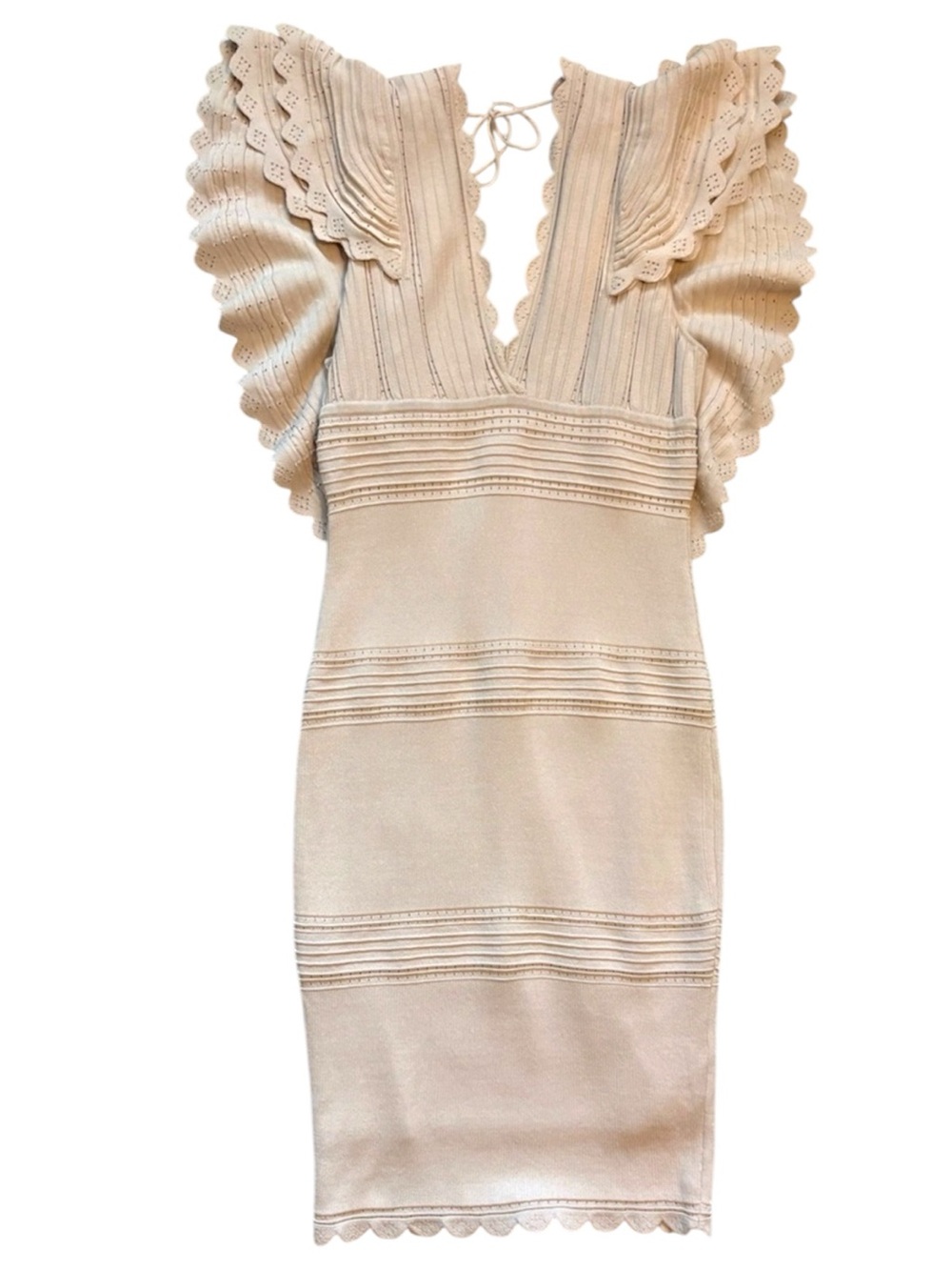 Ronny Kobo Rafela Cream Knit Scalloped Flutter Sleeve Fitted Dress Size Large